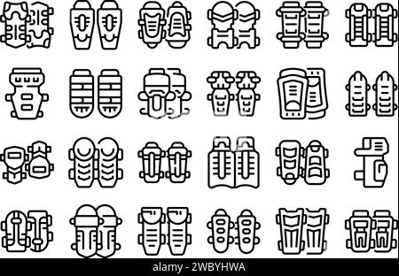 Schienbeinschoner-Symbole legen den Konturvektor fest. Sportfußball. Rasen-Team-Spiel Stock Vektor