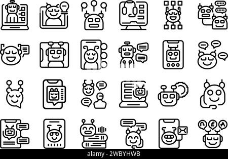 Symbole für Virtual Assistant Services legen den Konturvektor fest. Reality-Einzelhandel. KI-mobiler Bot Stock Vektor