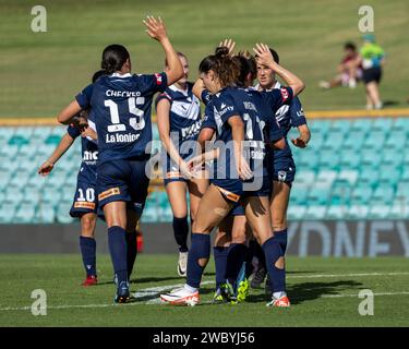 Oval. Lilyfield. Sydney. Australien 12.01.2024, Sydney, Australien. Januar 2024. Melbourne Victory feiert das Tor von Stürmer Rachel Lowe. Perth Glory gegen Melbourne Victory. Liberty A League. Unity Round. Leichardt Oval. Lilyfield. Sydney. Australien (Joe Serci/SPP) Credit: SPP Sport Press Photo. /Alamy Live News Stockfoto