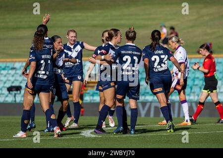 Oval. Lilyfield. Sydney. Australien 12.01.2024, Sydney, Australien. Januar 2024. Melbourne Victory feiert das Tor von Stürmer Rachel Lowe. Perth Glory gegen Melbourne Victory. Liberty A League. Unity Round. Leichardt Oval. Lilyfield. Sydney. Australien (Joe Serci/SPP) Credit: SPP Sport Press Photo. /Alamy Live News Stockfoto