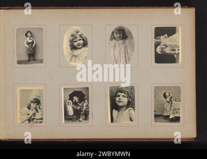 Kinderporträts, Anonym, 1890 - 1900 fotomechanischer Druck acht Kinderporträts, darunter ein Mädchen mit Hund. Diese Seite ist Teil eines Albums. Unterstützung für Fotos. Papier. Pappkollotype / Gelatine Silber Print Mädchen (Kind zwischen Kleinkind und Jugend). Hund Stockfoto