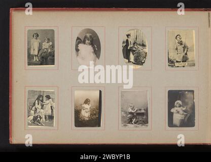 Kinderporträts, Anonym, 1890 - 1900 fotomechanischer Druck acht Kinderporträts, darunter ein Porträt mit der Inschrift t Heertje. Diese Seite ist Teil eines Albums. Unterstützung für Fotos. Papier. Karton Gelatine Silberdruck / Kollotypie Kind (zu Hause). Skates (Wintersport). Hund Stockfoto