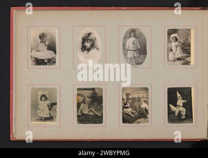 Kinderporträts, Anonym, 1890 - 1900 Fotomechanischer Druck acht Kinderporträts, darunter ein Mädchen mit Tennisschläger und ein Mädchen in einem Ruderboot. Diese Seite ist Teil eines Albums. Unterstützung für Fotos. Papier. Pappkollotype / Gelatine Silber Print Mädchen (Kind zwischen Kleinkind und Jugend). Ruderboot, Kanu usw. Tennis, Rasen-Tennis (+ Anforderungen, Nötige  Sport und Spiele) Stockfoto