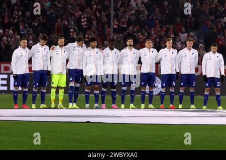 MÜNCHEN, Deutschland. , . TSG HOFFENHEIM Line Up; #1 Oliver Baumann, Keeper, #3 Pavel Kaderabek, #5 Ozan Kabak, #6 Grischa Prömel, Proemel, #10 Wout Weghorst, #11 Florian Grillitsch, #14 Maximilian Beier, #16 Anton Stach, #21 Marius Bülter, Buelter, #27 Andrej Kramaric, #34 Stanley Nsoki, vor dem Bundesliga-Fußball-Spiel zwischen dem FC Bayern München und der TSG Hoffenheim in der Allianz Arena in München am 12. Januar 2024. DFL, Fussball, 3:0, (Foto und Copyright bei ATP Images/Arthur THILL (THILL Arthur/ATP/SPP) Credit: SPP Sport Press Photo. /Alamy Live News Stockfoto