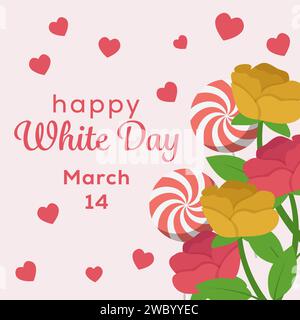 Happy White Day Illustration mit Süßigkeiten und Rosen Stock Vektor