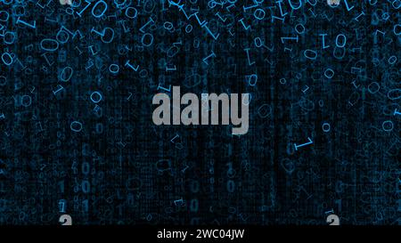 Binäres Bit 0 1 fällt mit blauer Leuchtfarbe. Abstraktes, futuristisches Design. Stockfoto