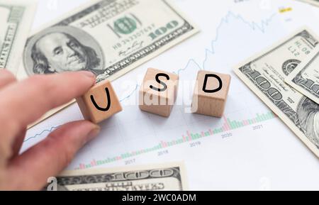 Geld, US-Dollar. Das Alphabet in Holzwürfeln bildet die Abkürzung USD über vielen US-Dollar-Banknoten. Konzept für amerikanische Wirtschaft, internationale Geschäfte Stockfoto