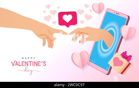 Alles Gute zum Valentinstag mit Smartphone und berührenden Händen von der Erschaffung von Adam. Vektorabbildung Stock Vektor