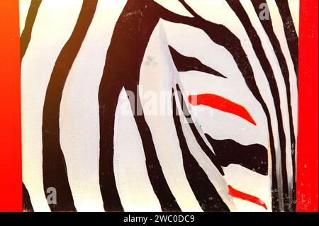 Abstrakter Retro-Hintergrund von Zebrastreifen weiß mit Schwarz in einem roten Rahmen. Stockfoto