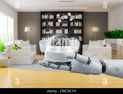 3D-Rendering mit intelligenter Sicherheitskamera mit Ai-Roboter Stockfoto