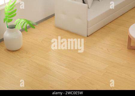 Wohnzimmereinrichtung in 3D-Optik in gemütlichem Stil mit Holzboden Stockfoto