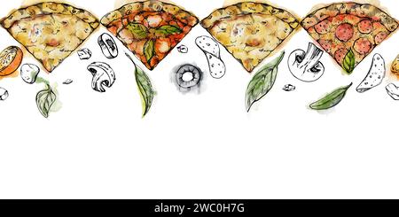 Handgezeichnete Aquarelltinte Illustration. Pizza-Scheiben und -Beläge, italienische Küche. Nahtloser Rand isoliert auf weiß. Design für Stockfoto