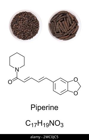 Getrocknete schwarze Pfefferkörner und lange Pfefferkatzen in weißen Schüsseln, mit chemischer Formel und Struktur des Piperins, verantwortlich für die Schärfe. Stockfoto