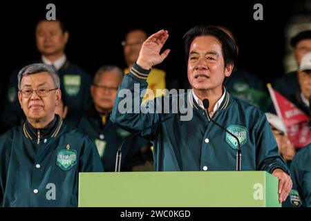 Taipeh, Taiwan. Januar 2024. Lai Ching-te, der Präsidentschaftskandidat der regierenden Demokratischen Progressiven Partei (DPP), spricht während einer Wahlkampfveranstaltung vor den Präsidentschaftswahlen Taiwans am 11. Januar 2024 in Taipeh (Taiwan). (Kreditbild: © Valeria Mongelli/ZUMA Press Wire) NUR REDAKTIONELLE VERWENDUNG! Nicht für kommerzielle ZWECKE! Stockfoto