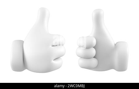 Weiße Emoji-Hand, die den Daumen nach oben zeigt oder wie eine Geste isoliert. Set aus verschiedenen Gesten, Symbolen, Signalen und Bewertungszeichen. 3D-Rendering. Stockfoto