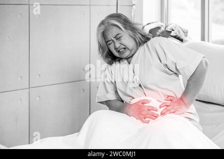 Eine asiatische Frau, die in einem Bett liegt und schwere Bauchbeschwerden und Schmerzen hat Stockfoto