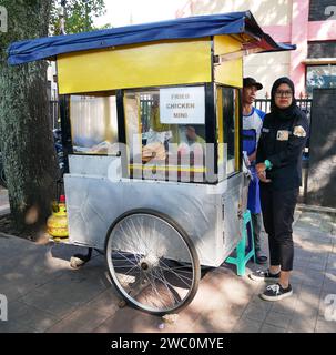 Indonesian Street Food Cart oder Gerobak, ein traditioneller Schubkarren in Bandung, West Java, Indonesien, der gebratenes Hühnchen Mini verkauft. Stockfoto