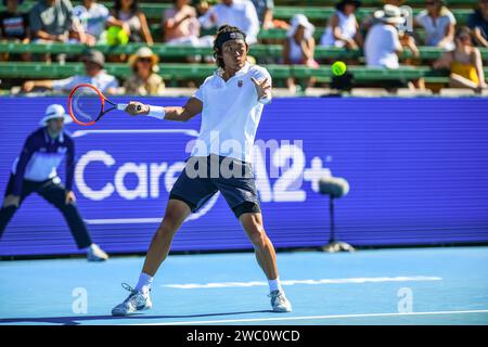 Melbourne, Australien. Januar 2024. Zhang Zhizhen aus China wurde während des letzten Spiels des zweiten Tages des Care Wellness Kooyong Classic Tennis Turniers gegen Max Purcell (nicht abgebildet) aus Australien im Kooyong Lawn Tennis Club gesehen. Zhang Zhizhen besiegte den Australier Max Purcell 7-6, 4-7 (10-7) (Foto: Alexander Bogatyrev/SOPA Images/SIPA USA) Credit: SIPA USA/Alamy Live News Stockfoto