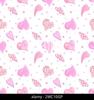 Hand gezeichnetes Aquarell valentinstag nahtloses Muster mit Herzen isoliert auf weißem Hintergrund. Kann für Textilien, Gewebe, Geschenkpapier und andere p Stockfoto