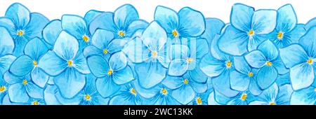 Hand gezeichnet Aquarell blau pferd Blumen nahtlose Grenze isoliert auf weißem Hintergrund. Kann für Etiketten, Klebebänder, Dekorationen und andere bedruckte Produkte verwendet werden Stockfoto