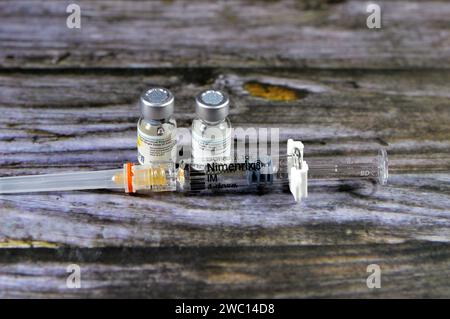 Kairo, Ägypten, 11. Januar 2024: Nimenrix-Impfstoff gegen invasive Meningokokken-Krankheit, verursacht durch das Bakterium Neisseria meningitidis und gereinigtes Polum Stockfoto