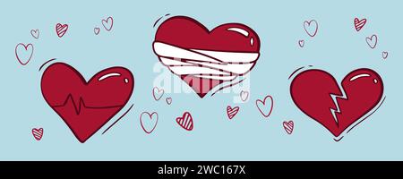 Set mit groovigen Herzen im Hippie-Stil zum Valentinstag. Comic-Herzfigur im trendigen Cartoon-Stil der 80er-Jahre im Retro-Stil der 70er-Jahre. Retro-Elemente für Druck, Stock Vektor