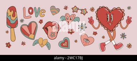 Set mit groovigen Herzen im Hippie-Stil zum Valentinstag. Comic-Herzfigur im trendigen Cartoon-Stil der 80er-Jahre im Retro-Stil der 70er-Jahre. Retro-Elemente für Druck, Stock Vektor