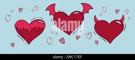 Set mit groovigen Herzen im Hippie-Stil zum Valentinstag. Comic-Herzfigur im trendigen Cartoon-Stil der 80er-Jahre im Retro-Stil der 70er-Jahre. Retro-Elemente für Druck, Stock Vektor