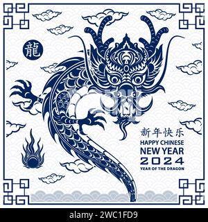 Happy Chinese New Year 2024 Zodiac-Schild, Jahr des Drachen, mit blauem Papierschnitt und Kunsthandwerk auf weißem Hintergrund (Chinesische Übersetzung: Stock Vektor