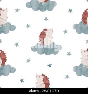 Nahtloses Muster mit niedlichen Cartoon-Igeln auf Wolken. Vektor-Illustration für Kinder Stock Vektor