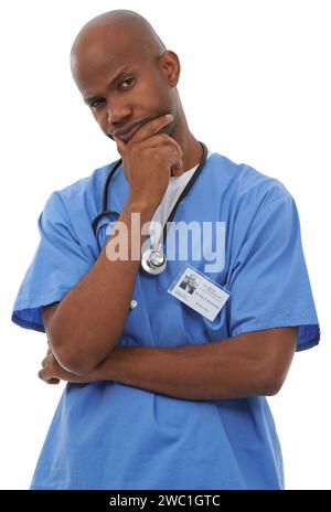 Verwirrt, Arzt und Porträt mit Frage oder Denken an Entscheidung im Gesundheitswesen im weißen Hintergrund des Ateliers. Frustriert, schwarzer Mann und genervt Stockfoto