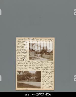 Neunte Seite eines Tagebuchs einer Reise durch Norwegen mit zwei Fotos vom Hotel Rasmussen in Sand und einer Kutsche, Hendrik Herman van den Berg, 1895 Fotografie Neunte Seite eines Tagebuchs mit dem Bericht über eine Reise durch Norwegen, die Hendrik Herman van den Berg und sein Cousin Guillaume Louis Jacques Holle zwischen dem 5. und 20. Juli 1895 gemacht haben. Zwei Fotos waren auf dem Tagebuch mit einem Gesicht auf dem Hotel Rasmussen in Sand und Einer Kutsche, die von einem Fjordpferd gezeichnet wurde. SandNorway Tinte. Papier. baryta Papierstift unterwegs, Reisender unterwegs. Handschrift, schriftlicher Text. Hotel, Hostelry, inn. Zweirädriges Fahrzeug, das von einem Tier gezogen wird Stockfoto
