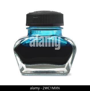 Vorderansicht des Tintenfass aus Glas mit blauer Tinte isoliert auf weiß Stockfoto