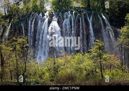 Wasserfälle stürzen sich über Felsvorsprünge im Nationalpark Plitvice in Kroatien. Stockfoto