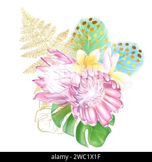 Aquarellstrauß aus tropischen rosa Protea-Blumen, Monsterablättern, Federn und bösem Farn. Komposition für ein festliches Design, Einladungen. Stockfoto