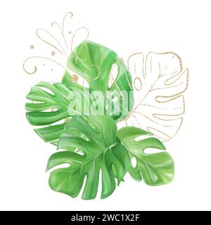 Aquarellstrauß aus tropischen Monsterablättern mit goldenen Blättern und einem Muster, um ein Design zu kreieren. Stockfoto