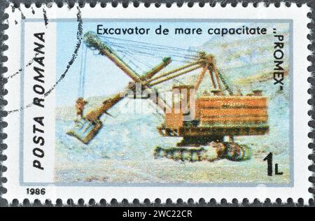 Gestempelte Briefmarke, gedruckt von Rumänien, auf der Promex zu sehen ist, um 1986. Stockfoto