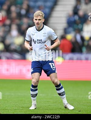 Ali McCann aus Preston North End, während des Sky Bet Championship Matches Preston North End gegen Bristol City in Deepdale, Preston, Großbritannien, 13. Januar 2024 (Foto: Cody Froggatt/News Images) Stockfoto