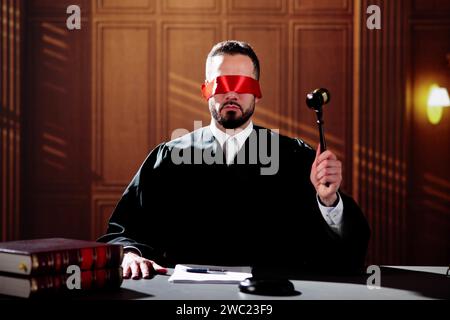 Der Richter Mit Den Augen Im Gerichtssaal Schlägt Gavel. Strafverfahren Stockfoto