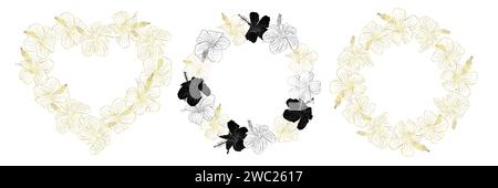 Hibiskus Blumenkreis und Herzkranz Set. Kann für Hochzeitseinladungen, Grußkarten, Scrapbook, Druck, Geschenkverpackung verwendet werden. Handgezeichnete Strichgrafik Go Stock Vektor