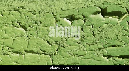 Abstrakter Hintergrund der alten beschädigten Holzoberfläche mit grüner Farbe. Textur großer Risse und Wandschäden. Stockfoto