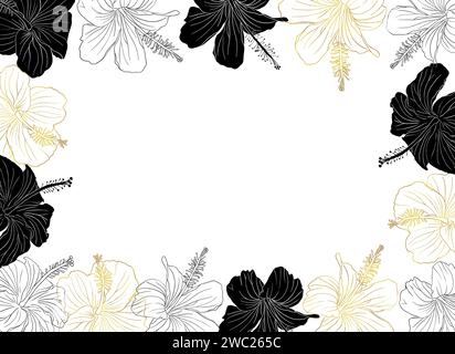 Quadratisches Banner mit Blumen aus Hibiscus-Goldfolie. Kann für Hochzeitseinladungen, Grußkarten, Sammelalbum, Druck, Geschenkverpackung, handgezeichnet Stock Vektor