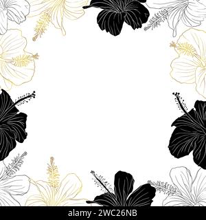Quadratisches Banner mit Blumen aus Hibiscus-Goldfolie. Kann für Hochzeitseinladungen, Grußkarten, Sammelalbum, Druck, Geschenkverpackung, handgezeichnet Stock Vektor