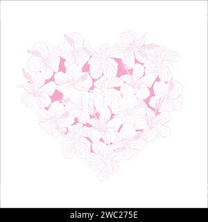 Hibiskus Blume rosa Herzkranz. Kann für Hochzeitseinladungen, Grußkarten, Scrapbook, Druck, Geschenkverpackung verwendet werden. Handgezeichneter Strichgrafik-Vektor Stock Vektor