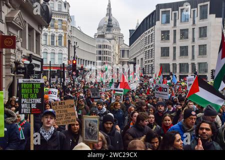 London, Großbritannien. Januar 2024. Demonstranten in der Nähe der St. Paul's Cathedral. Tausende von Menschen marschierten solidarisch mit Palästina in Zentral-London und forderten einen Waffenstillstand während des Krieges zwischen Israel und der Hamas. Quelle: Vuk Valcic/Alamy Live News Stockfoto