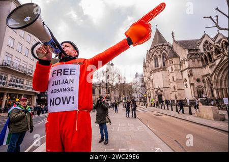 London, Großbritannien. Januar 2024. Ein Free assange-Demonstrant versucht, Unterstützung an den Königlichen Gerichten zu erhalten – Palästina-Protest, der zu einer Waffenruhe aufruft, marschiert jetzt von Bank nach Westminster, wobei Reden zwischen dem Parlamentsplatz und dem Trafalgar Square aufgrund der erwarteten Zahlen geteilt werden. Die Menge reagiert weiterhin auf den jüngsten Ausbruch der Gewalt und die israelische Reaktion im Gazastreifen. Guy Bell/Alamy Live News Stockfoto