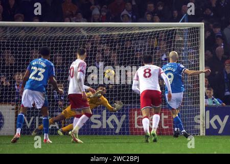 Stockports Paddy Madden erzielte beim Spiel der Sky Bet League 2 zwischen Stockport County und Walsall im Edgeley Park Stadium, Stockport am Samstag, den 13. Januar 2024, 3-1 Punkte. (Foto: Chris Donnelly | MI News) Credit: MI News & Sport /Alamy Live News Stockfoto