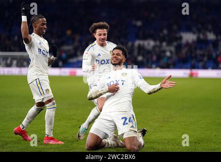 Georginio Rutter von Leeds United feiert das dritte Tor seiner Mannschaft während des Spiels der Sky Bet Championship im Cardiff City Stadium, Wales. Bilddatum: Samstag, 13. Januar 2024. Stockfoto