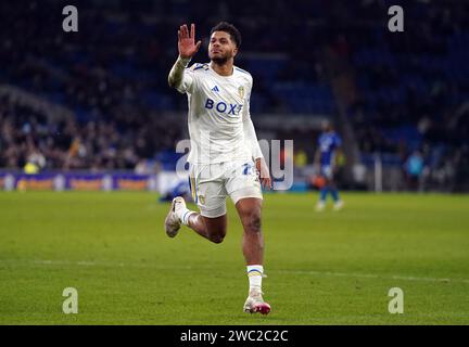 Georginio Rutter von Leeds United feiert das dritte Tor seiner Mannschaft während des Spiels der Sky Bet Championship im Cardiff City Stadium, Wales. Bilddatum: Samstag, 13. Januar 2024. Stockfoto