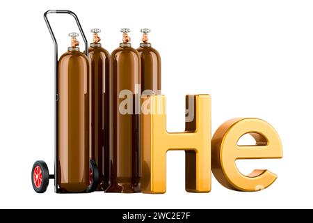 Gasflaschen mit Helium He, braune Gasflasche mit Handwagen. Helium Delivery Service, Konzept. 3D-Rendering isoliert auf weißem Hintergrund Stockfoto